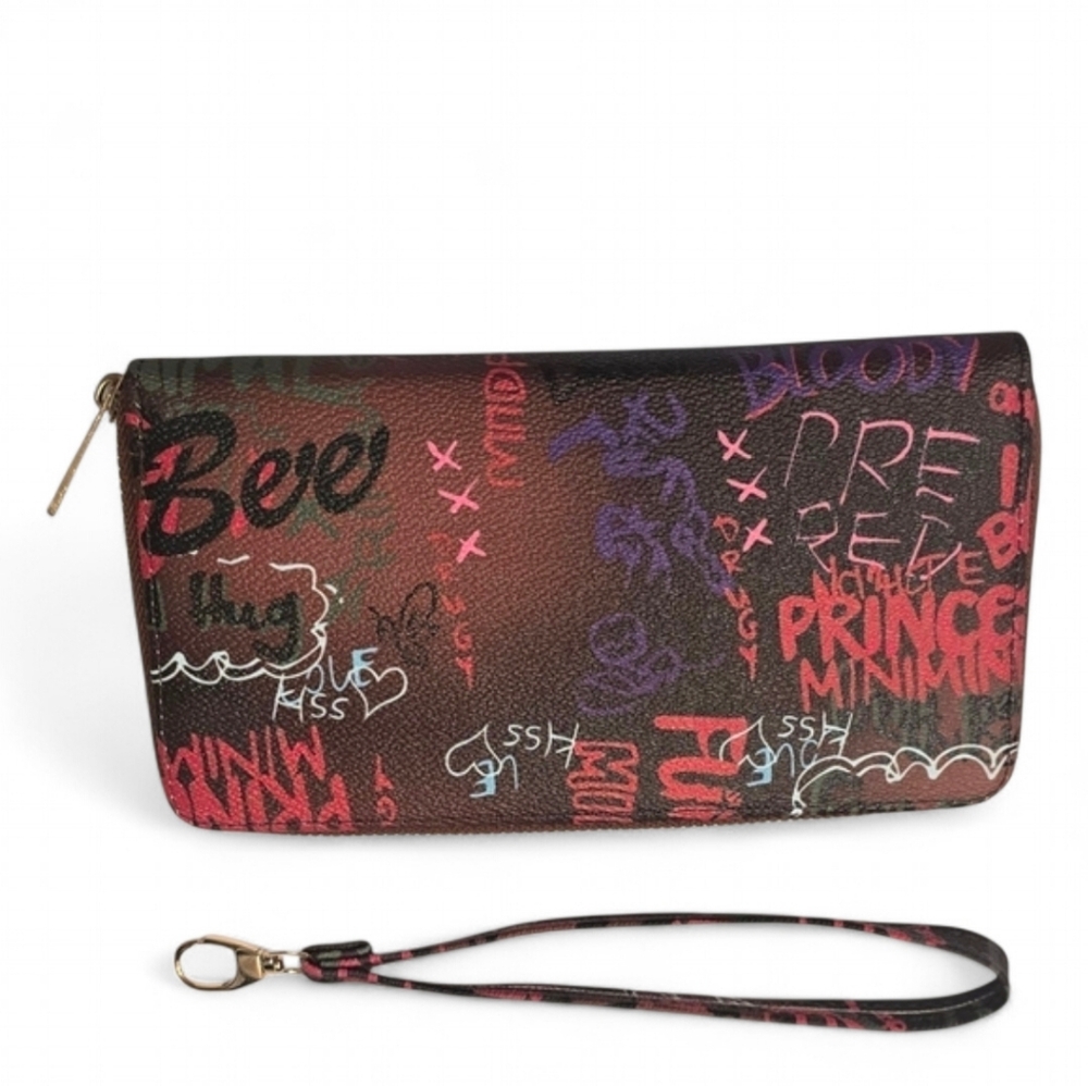 Graffiti Print Zip Around Wallet‎ Wristlet Vegan Leather NEW
